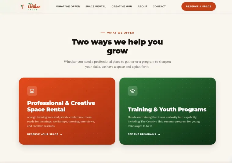 The Atikan Group website, space rental and training