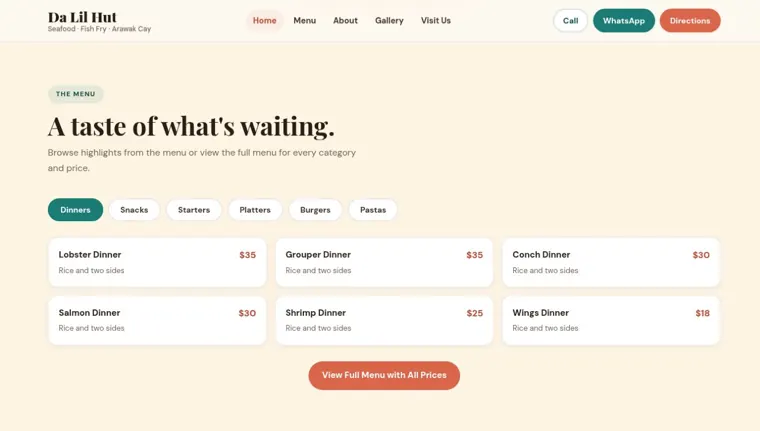 Da Lil Hut website, menu section