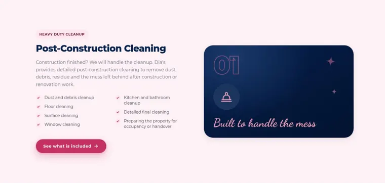 Dia’s Cleaning website, post-construction cleaning