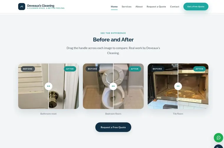 Deveaux’s Cleaning website, before and after