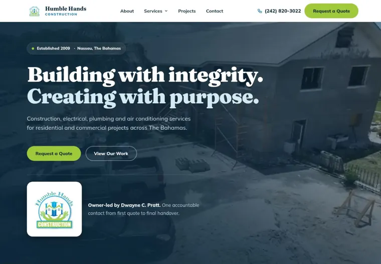 Humble Hands Construction website, opening section