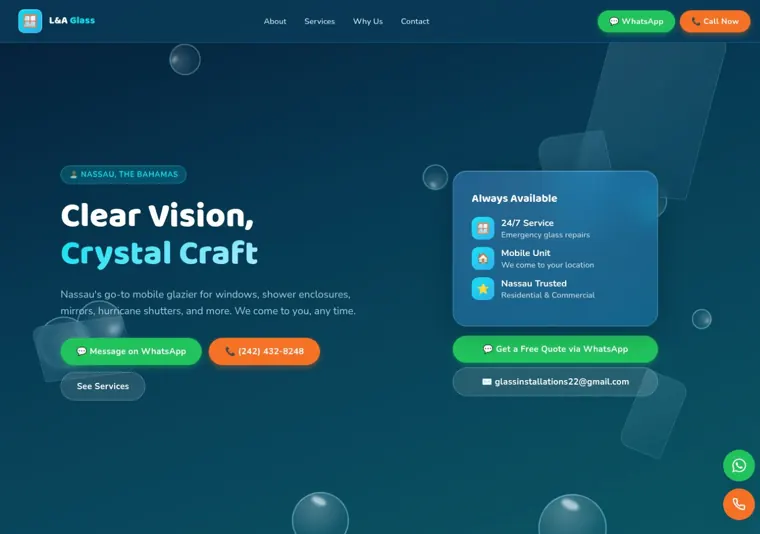 L & A Glass website, opening section