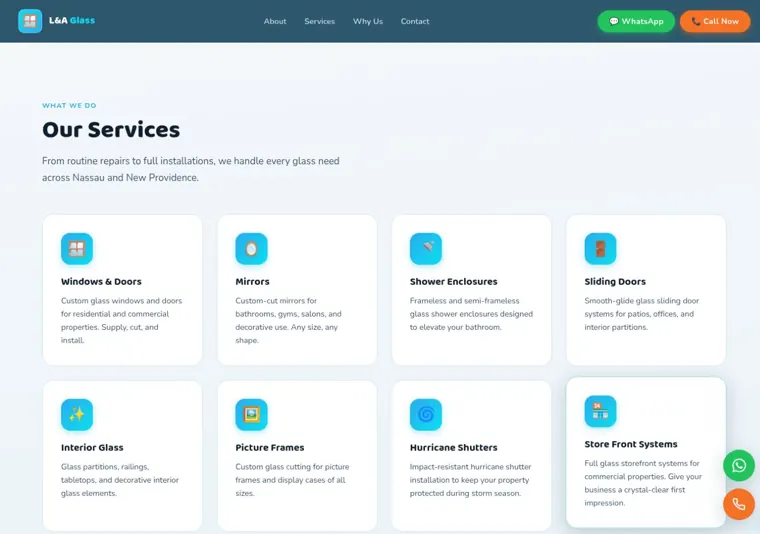 L & A Glass website, glass services