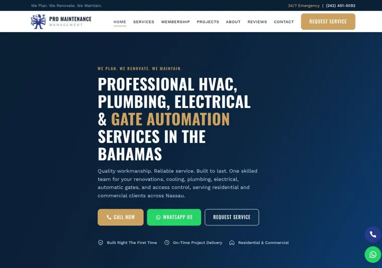 Pro Maintenance Management website, opening section