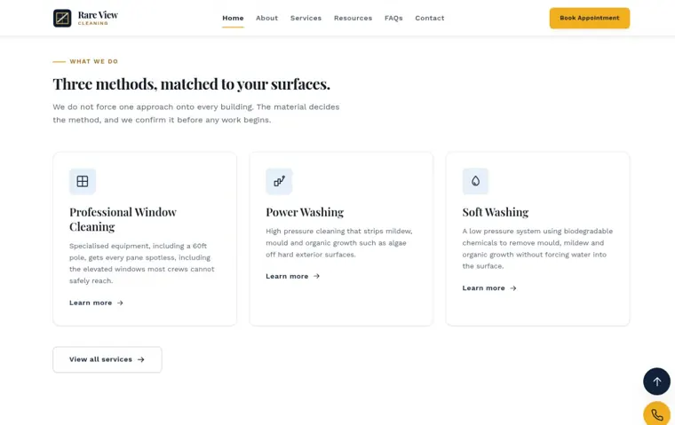 Rare View Cleaning website, cleaning services