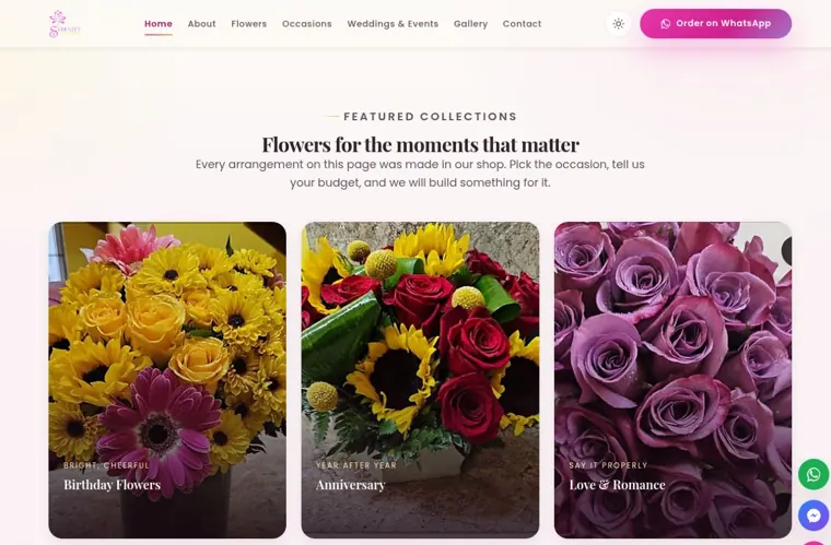 Serenity Flowers website, featured collections
