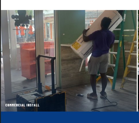 Forklift delivering large commercial AC unit to a Nassau property